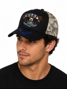 USAF Air Force Eagle Patch hat/Cap Black Camo adjustable Never Accept Defeat
